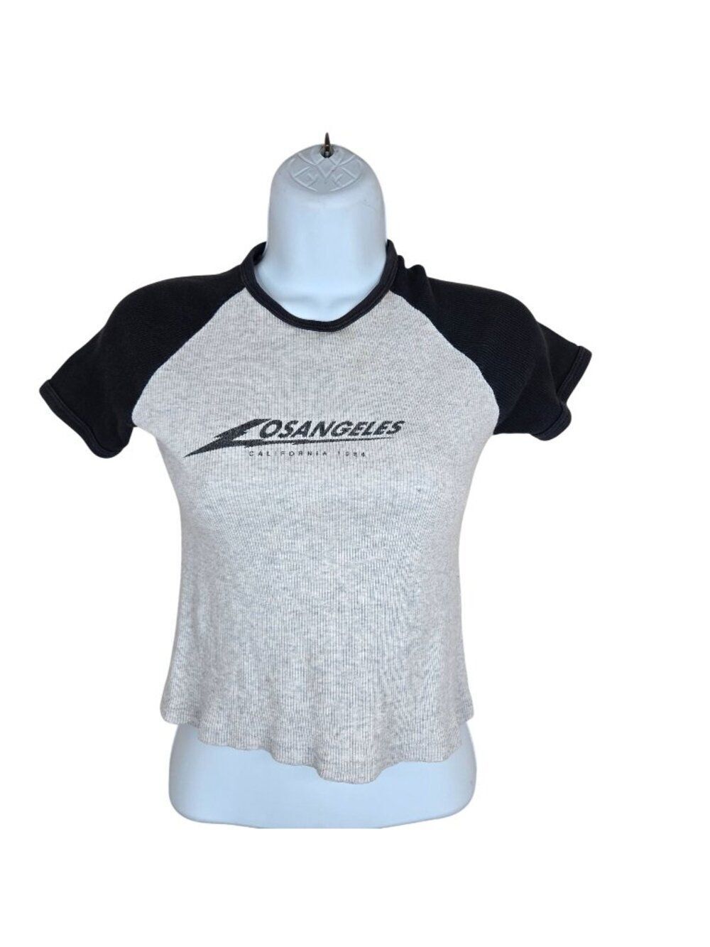 J Galt Retro Los Angeles Raglan Crop Babydoll TShirt Black Gray Ribbed Short Sle